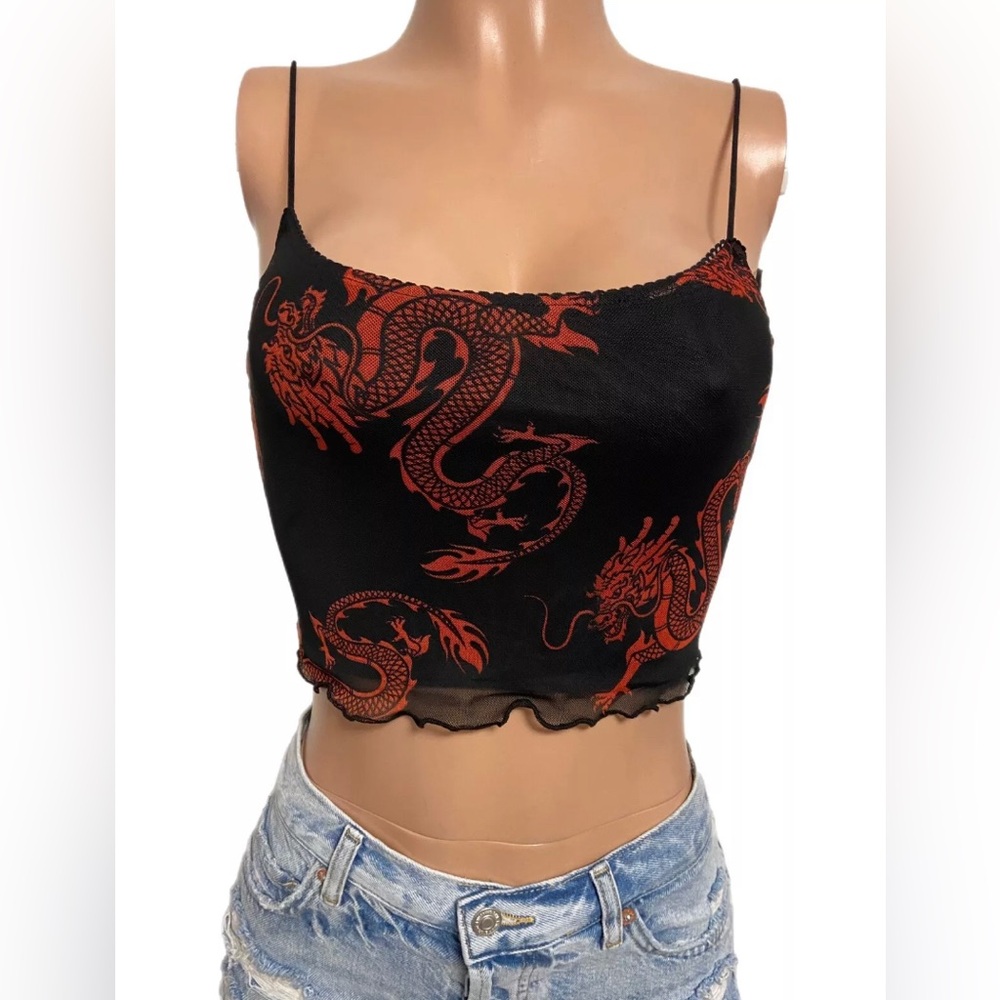 Y2K SLEEVELESS DRAGON PRINTED MESH CROP TOP Rave party Going out tank top new